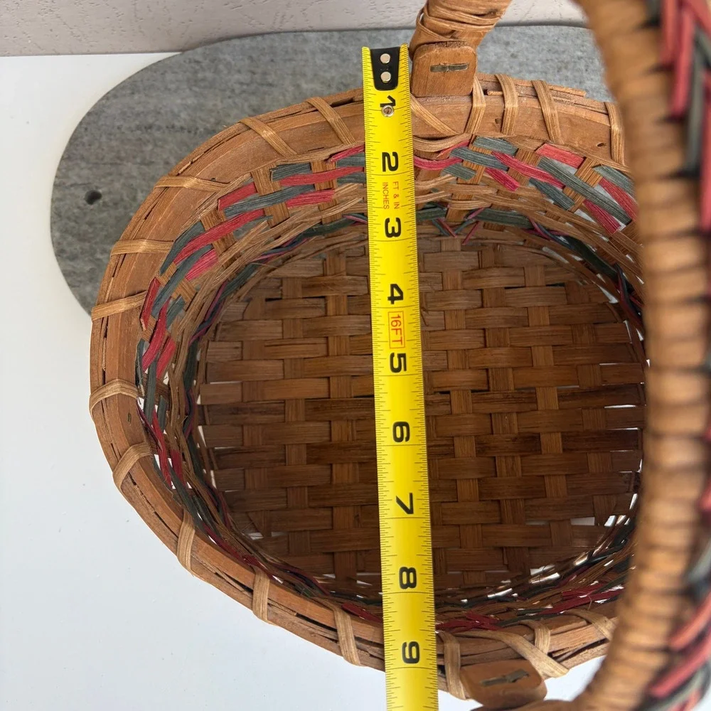 Vintage Style Woven Splint Oval Basket with Handle Red and Green Accents